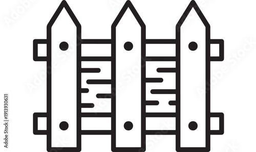 Fence icon in bold black outline showing wooden picket barrier and gate concept, minimal linear symbol for property boundary, security, garden, backyard and UI design