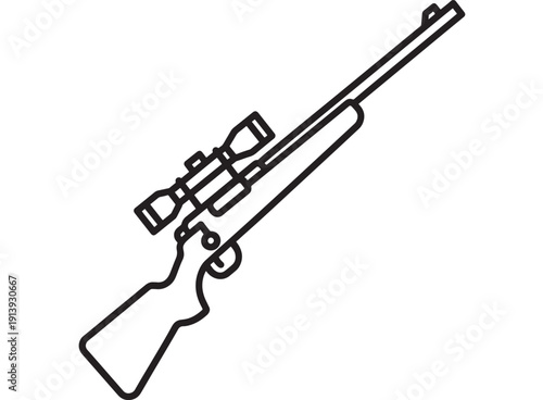 Rifle line icon with scope, simple black outline illustration of hunting firearm in angled view isolated on white background, minimal weapon symbol for design