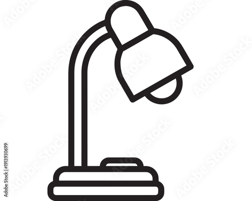 Desk lamp icon in bold black outline, minimalist table light pictogram isolated on white background for office, study, reading, UI, app, web and signage design