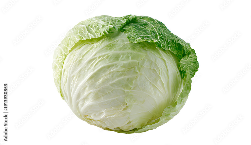 Fototapeta premium Fresh green cabbage close up isolated on transparent background round healthy vegetable ingredient for vegetarian diet and organic food preparation natural culinary element