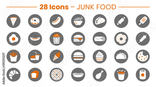Set of 28 Round Junk Food and Fast Food Icons