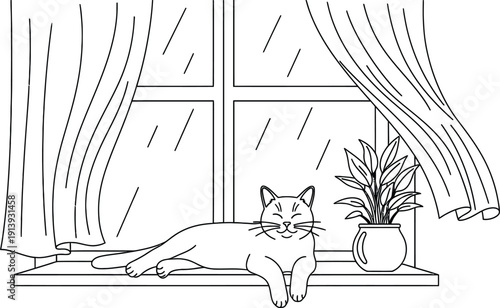 Relaxed cat lounging on windowsill with houseplant