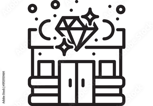 Jewelry store icon with sparkling diamond in display case, line art vector symbol for luxury retail, gemstone boutique, showroom branding and UI design