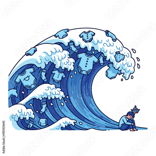 Overwhelmed Parent Facing a Tsunami Wave of Baby Clothes Laundry. Stress, Chores, and Burnout Conceptual Illustration on White Background.