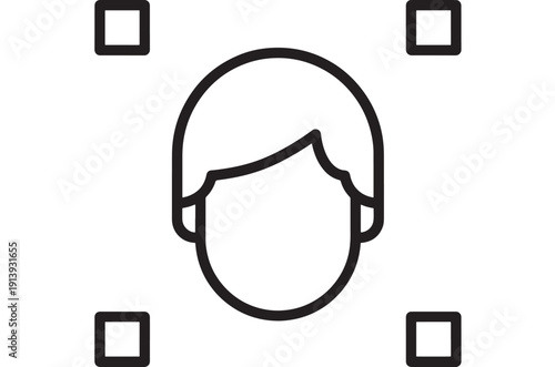 Face recognition icon with scanning frame and user avatar outline, biometric identification and authentication concept in simple black line style on white
