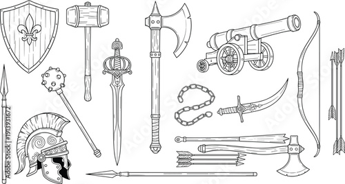 Medieval Weapon and Armor Outline Vector Set with Swords, Shield, Axe, Cannon, Bow, Arrows, and Warrior Helmet for Historical Designs