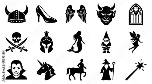 Collection of black fantasy and mythological icons featuring a unicorn, devil, wizard, fairy, vampire, and pirate skull in a simple graphic vector style