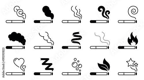 Collection of black cigarette icons with various stylized smoke shapes including swirls, clouds, flames, hearts, and stars, presented in a clean minimalist vector style