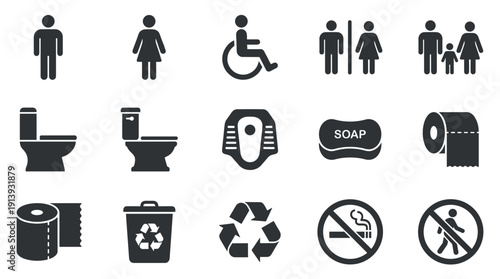 Collection of black public restroom icons showing male, female, disabled access, family, toilet, soap, recycling, and various prohibition signs for public facilities
