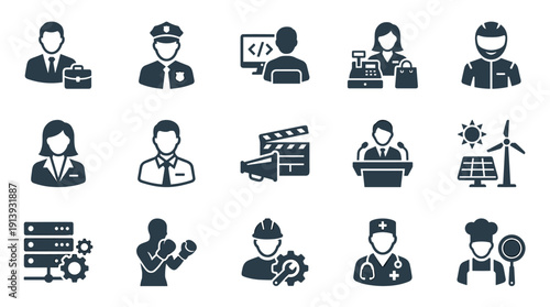 Collection of flat glyph icons representing various professions and industries like business, law enforcement, IT, retail, sports, and healthcare in a simple monochrome style