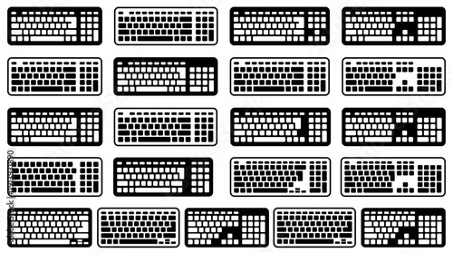 Collection of black computer keyboard icons arranged in a grid, showing various layouts and key configurations in a minimalist flat vector illustration style for technology concepts