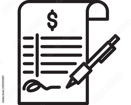 Contract document icon with dollar sign and pen, line art illustrating agreement, payment terms, invoice signing, legal paperwork, finance and business signature concept