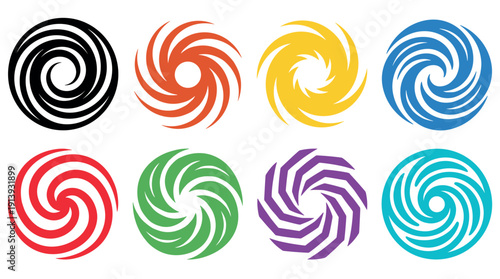Set of eight colorful spiral icons representing hurricanes, cyclones, and storms in a flat vector graphic design style for various concepts like weather and energy