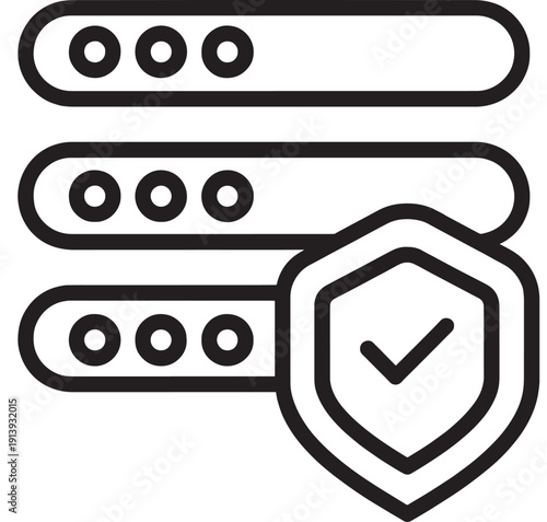 Server security icon with shield check mark over database stack, minimal line vector illustrating secure hosting, data protection, privacy, and network safety