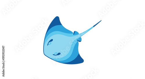 A light blue stylized stingray with darker blue patterned fins swims upward, its unique flat body shape distinctive in the water.