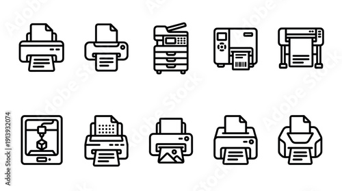 Set of black line art printer icons showing various types of office and industrial printing equipment like plotters, copiers, and 3D printers in a minimalist vector style