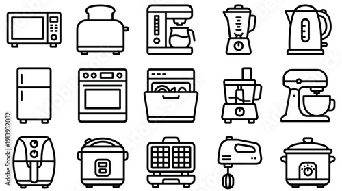 Collection of black line kitchen appliance icons including a microwave, toaster, blender, and mixer, illustrating modern household cooking and food preparation equipment