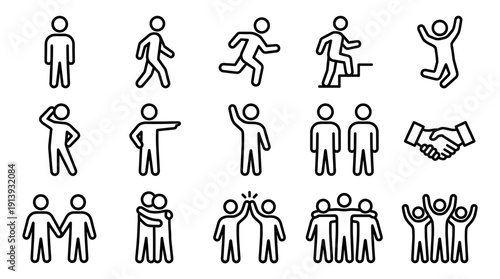 Collection of black line icons depicting people in various actions and interactions like walking, running, teamwork, and celebration, representing concepts of progress and community