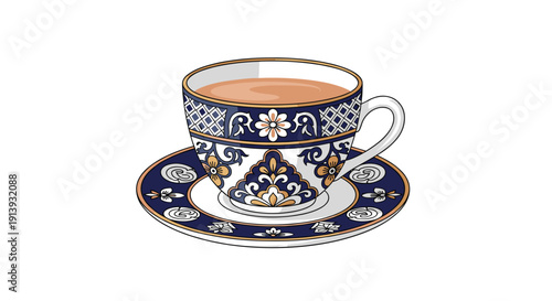 A ceramic teacup filled with a warm beverage rests on a matching saucer, featuring decorative blue, white, and gold patterns.