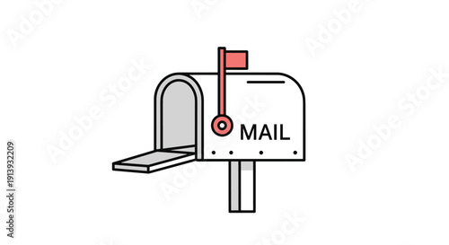 An open white mailbox with a red flag raised and the word MAIL written on its side is depicted in a clean line art illustration.