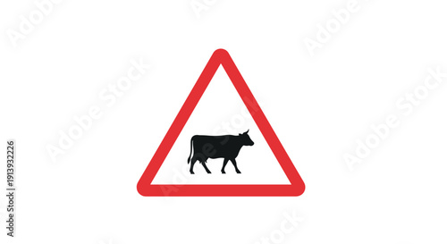A black silhouette of a cow in a walking posture is featured inside a red triangular warning sign.