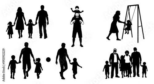 Family members engaging in various activities together outdoors with children playing and adults supervising in a lively scene from different viewpoints.