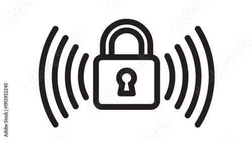 Padlock security icon with wireless signal waves, depicting encrypted connection, privacy protection, secure access authentication and cybersecurity concept in black