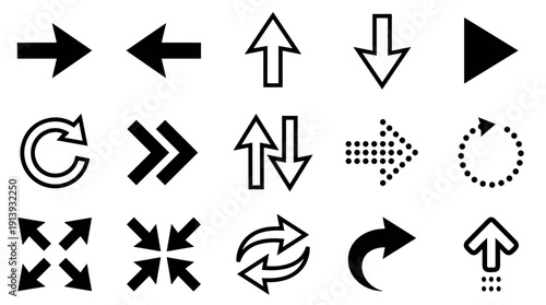 Set of fifteen black arrow symbols and pictograms with diverse designs, including solid, outline, dotted, and curved shapes for navigation, reload, and full-screen functions