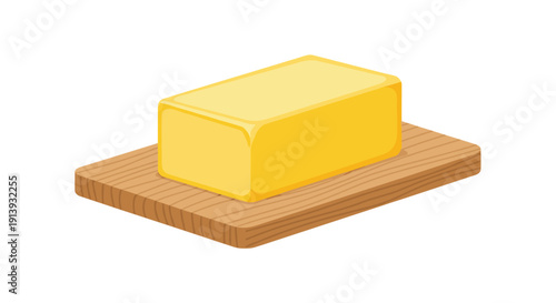 A solid rectangular block of yellow butter is presented on a simple wooden cutting board, ready for use.