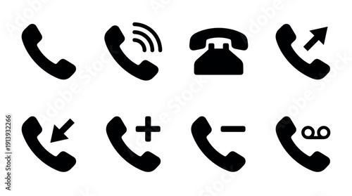 Set of black telephone icons representing various call actions like incoming, outgoing, ringing, and voicemail, designed as minimalist glyphs for a user interface