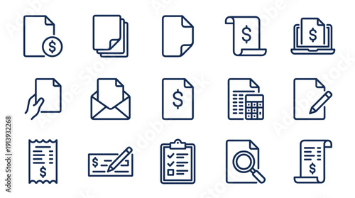 Set of finance and accounting line icons for business including invoice, bill, payment, report, and calculation symbols in a minimalist outline style for web and app design