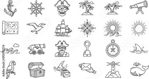 Nautical and Pirate Outline Icon Set with Anchor, Ship, Compass, Skull Captain, Lighthouse, Treasure Chest, and Sea Adventure Symbols