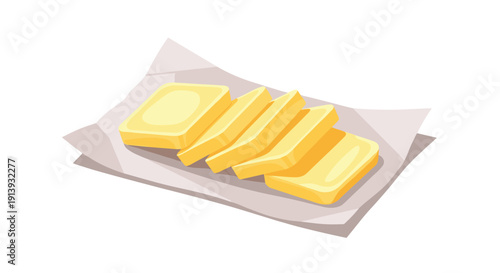 Multiple slices of golden yellow butter are neatly arranged on a piece of white wax paper or wrapper.