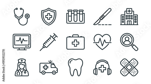 Set of medical and healthcare line icons featuring a stethoscope, hospital, ambulance, syringe, and other symbols for health services, presented in a clean, minimalist vector style