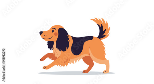 A cheerful cartoon dog with brown and black fur patches is shown trotting forward, depicting a happy expression.