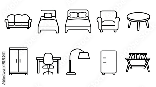 Set of black outline furniture icons for home interiors featuring a sofa, bed, armchair, table, wardrobe, desk, lamp, and refrigerator in a minimalist line art style