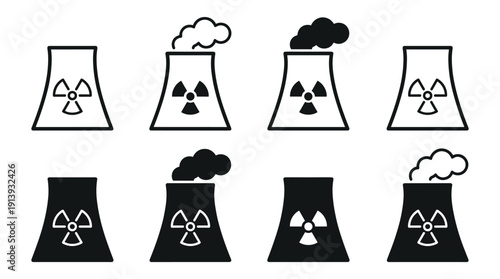 Set of black nuclear power plant icons with radiation symbols, featuring various simple graphic styles including line art and solid silhouettes with and without smoke emissions