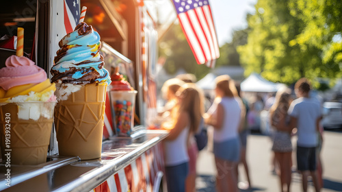 A colorful ice cream truck with people waiting in line on a sunny day