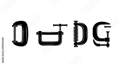 Vector illustration of various clamp types displayed on a white background from a front viewpoint