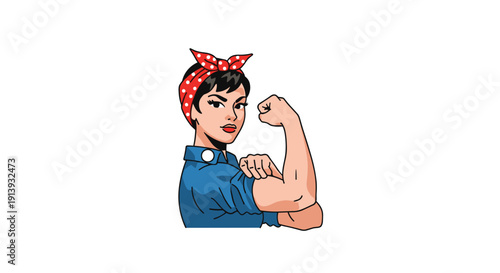 An iconic Rosie the Riveter-style woman with a red bandana flexes her bicep in a powerful retro illustration.