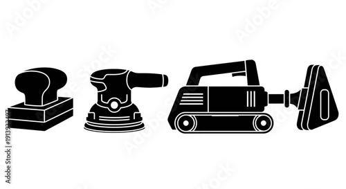 Set of sanding tools for woodworking, featuring orbital sanders and a belt sander.