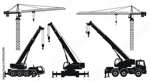 Cranes lifting heavy loads on construction site with different crane configurations and angles