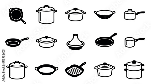 Collection of black and white cookware icons featuring various pots, pans, a wok, and a tagine, presented in a clean, minimalist graphic style for culinary concepts