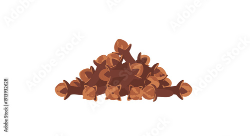 A mound of dried brown cloves is displayed in a small pile on a white background, ready for culinary use or aromatic purposes.
