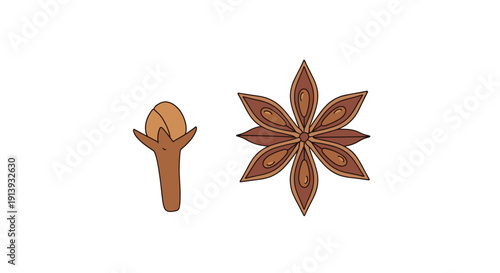 A single brown clove stands next to a detailed star anise, showcasing two distinct aromatic spices on a clean white background.
