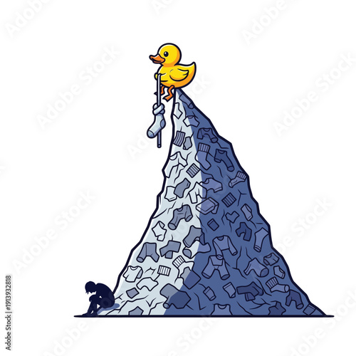 Laundry Mountain Challenge: Triumphant Rubber Duck Conquers Giant Pile of Dirty Clothes with Sock Flag, Overwhelming Chore Burden Illustration.