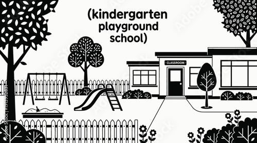 kindergarten school education campus with black and white playground and classroom space for children learning teaching academic study knowledge institution training