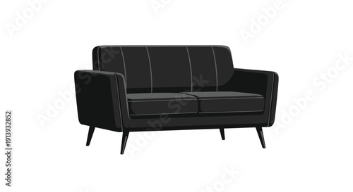 A modern two-seater dark grey sofa with clean lines and simple dark wooden legs.