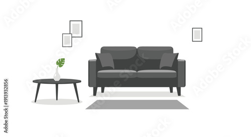 A modern living room setup with a dark grey sofa, round coffee table, potted plant, and wall art.