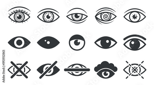 Collection of black eye icons in various graphic styles, including open, closed, and crossed-out symbols representing vision, sight, privacy, and censorship concepts